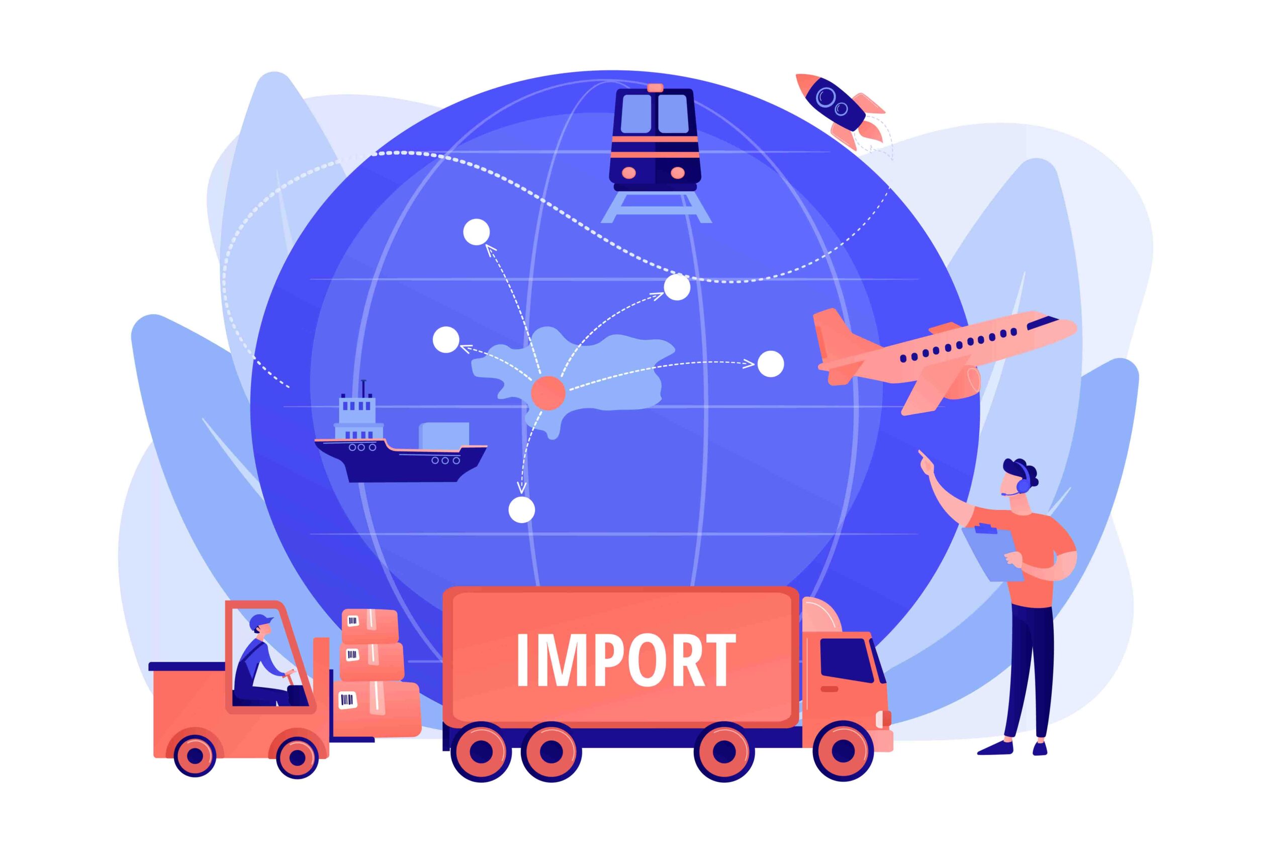 Company specializing in foreign products. Import of goods and services, import goods services, international sales process concept. Pinkish coral bluevector isolated illustration